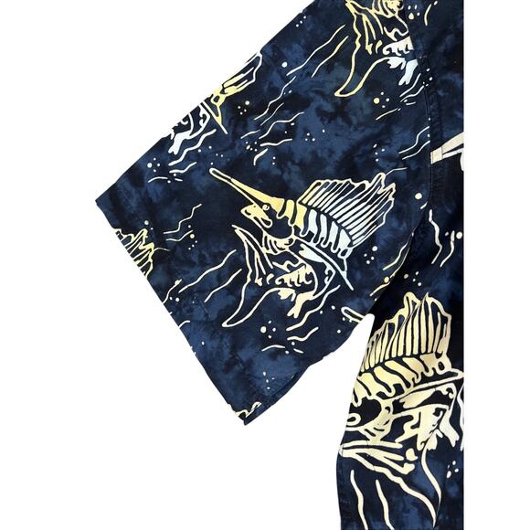 Fishtech Shirt Mens XLT Navy Fish Print Hawaiian Batik Cotton Beach Coastal Dad - Picture 4 of 12